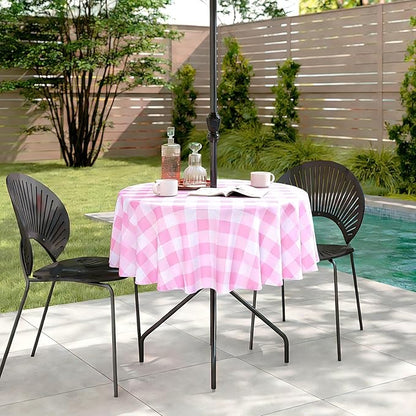 Poise3EHome Round Outdoor Tablecloth with Umbrella Hole and Zipper,Pink and White Gingham 60 Inch,SpillProof Washable Table Cloth for Spring Summer Patio Garden Poolside Picnic Camping BBQS