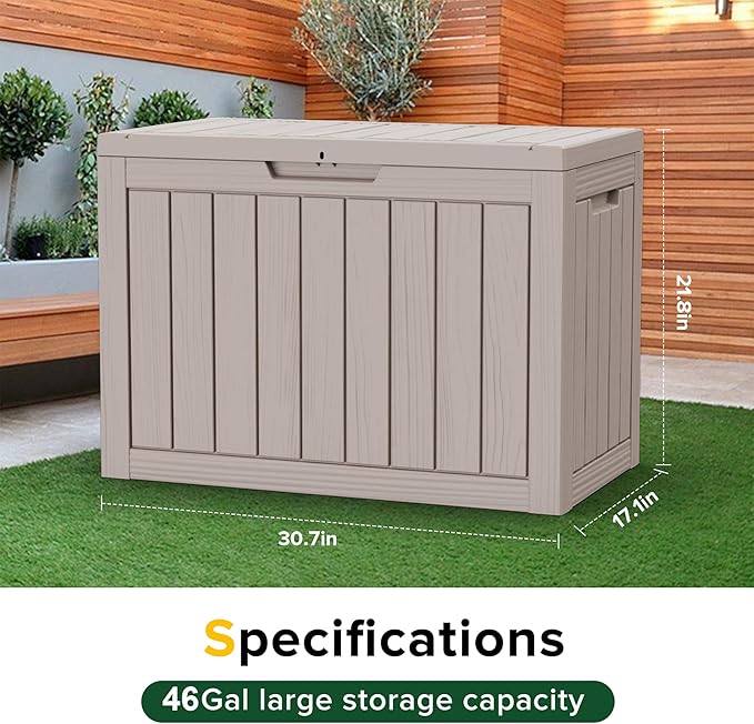 Vixzen 46 Gallon Deck Boxes Outdoor Waterproof, Lockable Storage Box for Patio Cushions Furniture, Garden Tools, Pool Supplies, Weatherproof and UV Resistant (Grey, 46 Gallon)