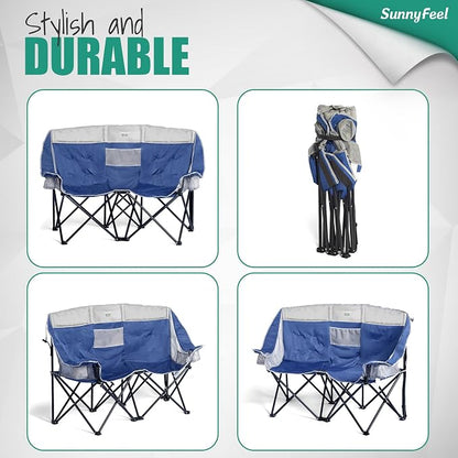 SUNNYFEEL Double Camping Chair Oversized Loveseat for Adults | 600LBS Heavy Duty Padded Camping Couch with Cup Holder, Storage Pockets & Carry Bag for Patio RV/ Lawn/ Backyard