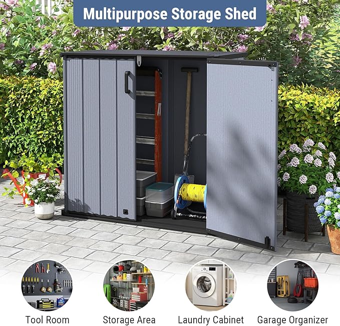 Tangkula 23.5 Cu.ft Outdoor Storage Shed, All-Weather Resin Patio Storage Box with Floor & Lockable Door, Waterproof Deck Box for Garden Tools, Pool Accessories