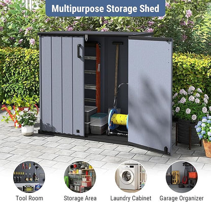 Tangkula 23.5 Cu.ft Outdoor Storage Shed, All-Weather Resin Patio Storage Box with Floor & Lockable Door, Waterproof Deck Box for Garden Tools, Pool Accessories