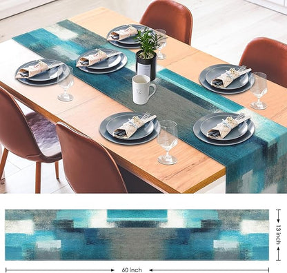 Emvency Farmhouse Table Runner, Modern Teal and Grey Abstract Art Painting for Kitchen Coffee Table Family Dinners Holiday Parties Wedding Events Decor(13x60 inch)