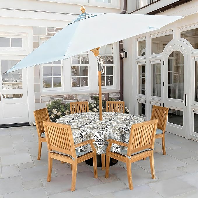 LVTXIII Round Outdoor Tablecloth with Umbrella Hole and Zipper, Water-Repellent 60 Inch Patio Table Cover for Bistro, Garden, Patio & Picnic, Dailey Tan