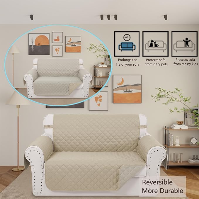Reversible Loveseat Couch Sofa Covers, 2-Seater, Sand/Beige | Loveseat Covers for Dogs Water Repellent, Friendly Furniture Protector with Elastic Straps for Living Room