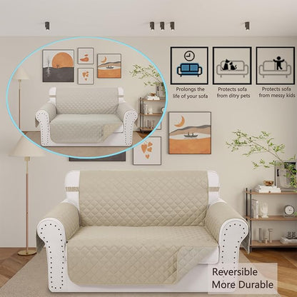 Reversible Loveseat Couch Sofa Covers, 2-Seater, Sand/Beige | Loveseat Covers for Dogs Water Repellent, Friendly Furniture Protector with Elastic Straps for Living Room