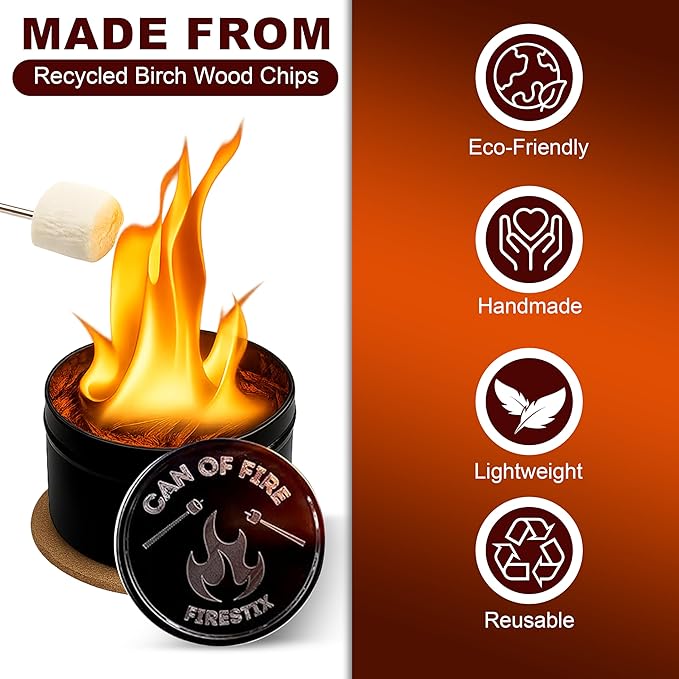 [2-Pack] Can of Fire Tabletop Mini Bonfires – 2–3 Hour Burn Time – Made from Recycled Wood Chips & Paraffin Wax – Includes Safety Coasters – Reusable Flame for Camping, Ambiance, and Emergency Heat
