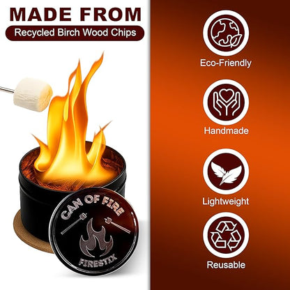[2-Pack] Can of Fire Tabletop Mini Bonfires – 2–3 Hour Burn Time – Made from Recycled Wood Chips & Paraffin Wax – Includes Safety Coasters – Reusable Flame for Camping, Ambiance, and Emergency Heat