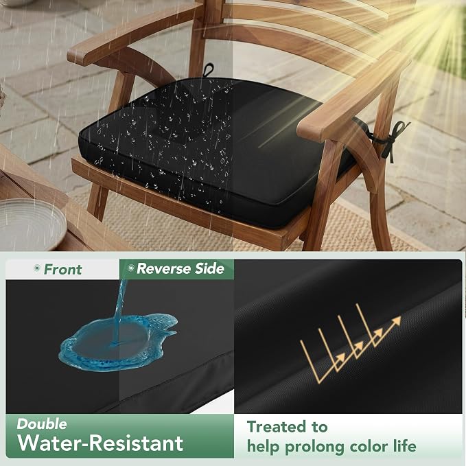 Outdoor Chair Cushions Set of 2: Waterproof & Fade Resistant Patio Furniture Cushions - 17 x 16 x 2 Inch Non Slip Round Corner Seat Cushion Pads with Removable Cover for Garden Yard Lawn, Black