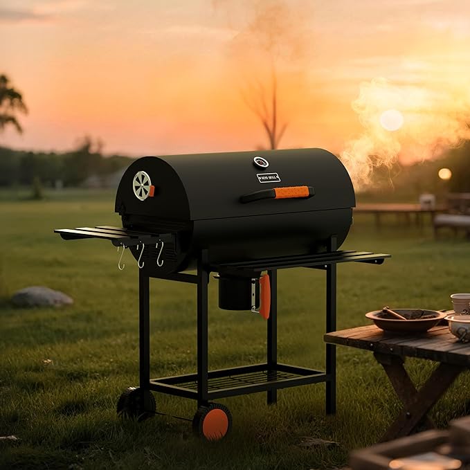 KEYO GRILL 29-Inch Barrel Charcoal Grill, Heavy duty BBQ Grill with Manual Rotisserie Meat Fork, Detachable Windproof Ash Collector Barbecue Smoker Grill Combo for Backyard, Patio and Parties ﻿