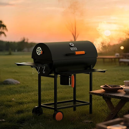 KEYO GRILL 29-Inch Barrel Charcoal Grill, Heavy duty BBQ Grill with Manual Rotisserie Meat Fork, Detachable Windproof Ash Collector Barbecue Smoker Grill Combo for Backyard, Patio and Parties ﻿