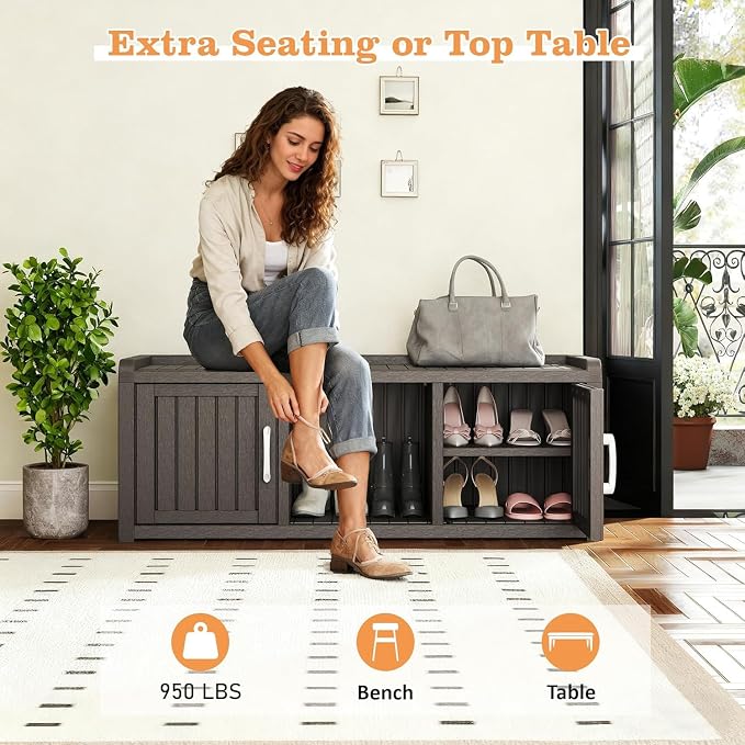 Outdoor Shoe Bench with Waterproof UV-Resistant Indoor Resin Shoe Cabinet Entryway Shoe Cabinet with 2 Doors or Entryway,Living Room,Bedroom,Gray (2 Door)