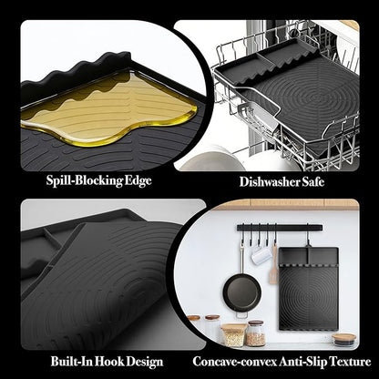 Silicone Grill Mat for Blackstone - BBQ Griddle Tools Side Mat with Drip Pad, Griddle Tools Mat for Outdoor Kitchen Countertop, BBQ Grill Accessories Gifts for Men (Black)