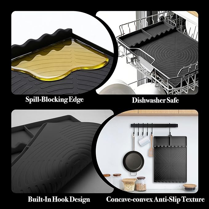 Silicone Grill Mat for Blackstone - BBQ Griddle Tools Side Mat with Drip Pad, Griddle Tools Mat for Outdoor Kitchen Countertop, BBQ Grill Accessories Gifts for Men (Black-2Pack)