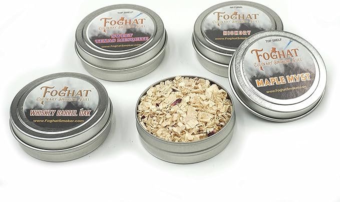 Foghat Fuel Sampler Four Pack | Whiskey Barrel Oak, Old Hickory, Sweet Texas Mesquite, Maple Myst Wood Shavings, 4 x 1oz | Cocktail and Culinary Wood Chips for Smoking