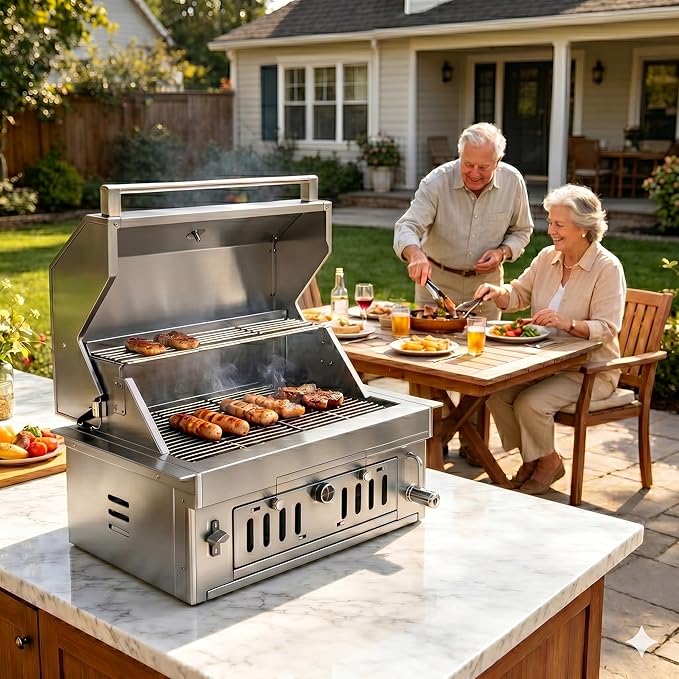 27-IN Premium 304 Stainless Steel Built-in Charcoal Grill with Adjustable Tray, Large Front Access Door, Side Vents,and Includes Griddle Plate and Accessory Set,Ideal for Outdoor Family BBQ