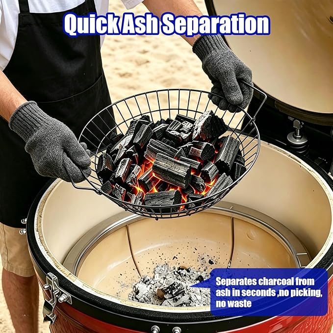 14" Foldable Charcoal Basket for Big Green Egg Large, Heavy Duty Porcelain Steel Ash Basket for Kamado Grill, Collapsible Handle (Black, L)