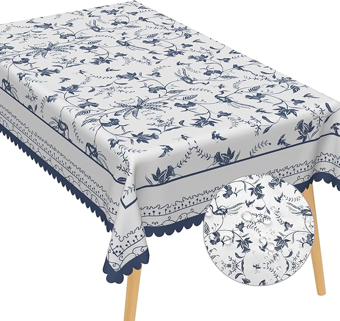 Blue Floral Rectangular Tablecloth Blue and White French Country Tablecloths Rustic Flowers Stain Proof Table Cover for Farmhouse Decor Indoor Outdoor Table Picnic Dinner Decor 70x140 Inch