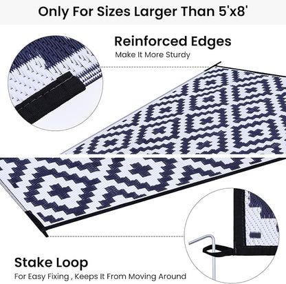 Smiry Outdoor Rug 8x10 ft Waterproof Reversible Boho Mat, White & Navy | Polypropylene Plastic Straw, Quick Drying, Lightweight Foldable, for Patio, Deck, RV Camping, Backyard and Indoor Outdoor Use