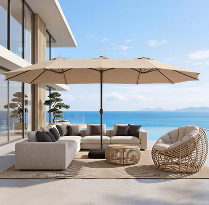 15ft Patio Umbrella with Base, 10-Year-No-Fade Large Outdoor Double-Sided Market Umbrella with UPF50+Terylene Polyester Fabric and Crank for Poolside Garden Deck Backyard Beach Pools