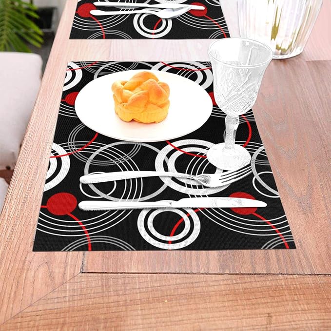 Black Red Placemats Set of 4, Geometric Linen Dining Table Mat | Washable Heat Resistant Place Mats For Kitchen Dining Holiday Party Home Decor 12"x18"