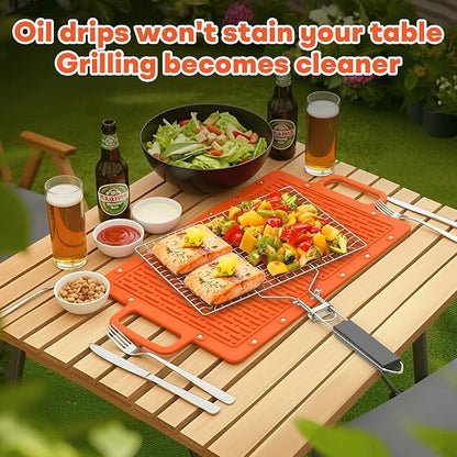 Portable Outdoor Silicone Grill Mat, Foldable Heat-Resistant Table Mat & BBQ Side Shelf Tool Pad with Snap Buttons, Converts into Storage Bag for Utensils and Food, Food-Grade, Non-Slip(Orange)