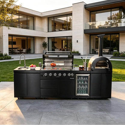 123" Outdoor Kitchen Island,Propane BBQ Grill with Pizza Oven,120000 BTU. | Stainless Steel Grill with Rotisserie,Refrigerator,Sink,Granite Countertop,Storage Cabinets Drawers.Sleek Black Finish