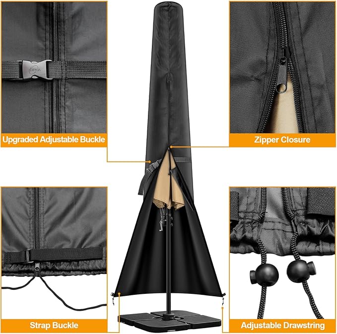 Patio Umbrella Cover for 7'-11.5' Offset Umbrella, Upgraded 600D Heavy Duty Outdoor Umbrella Covers with Support Pole and Zipper