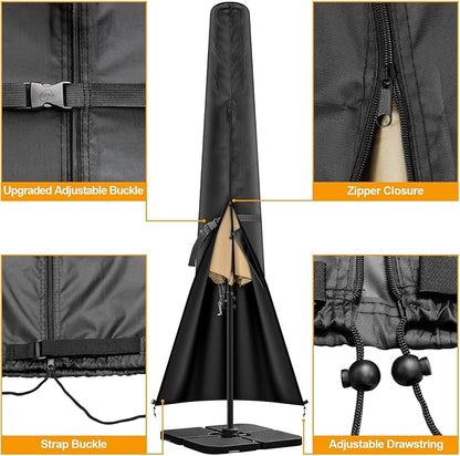 Patio Umbrella Cover for 7'-11.5' Offset Umbrella, Upgraded 600D Heavy Duty Outdoor Umbrella Covers with Support Pole and Zipper