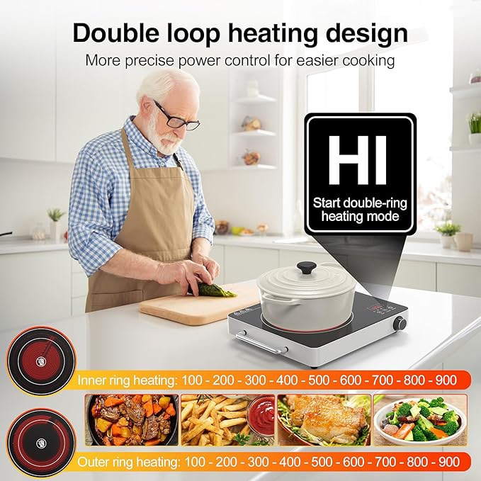 VBGK Electric Cooktop, 110V Touch and Knob Electric Stove Top, 1800W Single Burner With Handle, 9 Power Levels, Kids Safety Lock & 4H Timer, Portable, Black