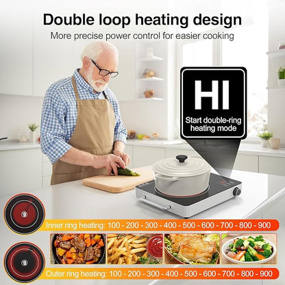 VBGK Electric Cooktop, 110V Touch and Knob Electric Stove Top, 1800W Single Burner With Handle, 9 Power Levels, Kids Safety Lock & 4H Timer, Portable, Black