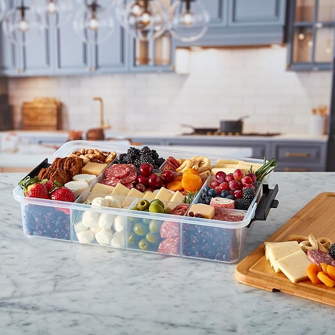 Farberware Build Snacklebox Serving Tray with Locking Bamboo Cutting Board Lid, Portable Storage Container with Compartments for Charcuterie, and More, Natural (Pack of 4)