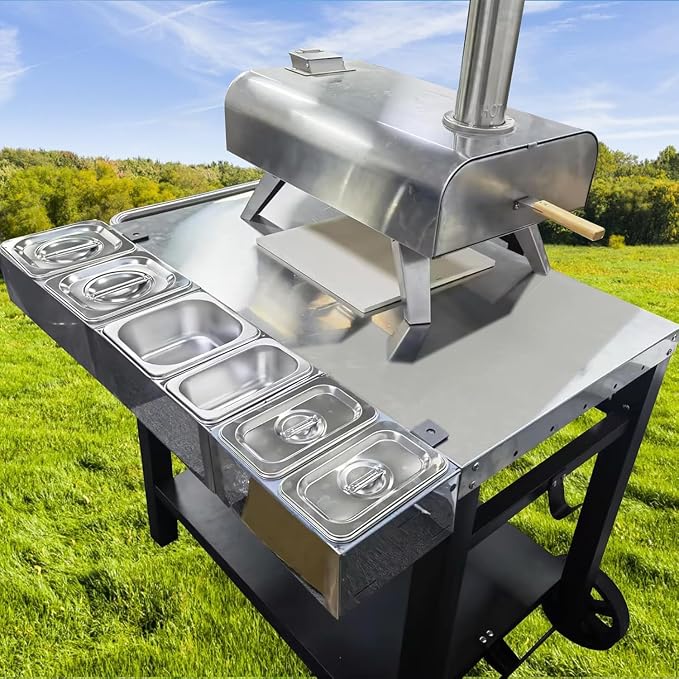 Uniflasy Pizza Topping Station, 6 Stainless Pans with Lids for Pizza Oven | Clamps to Weber/Nexgrill/Blackstone carts or counters up to 3.2 in; keeps cheese, veggies, meats, herbs organized for parties