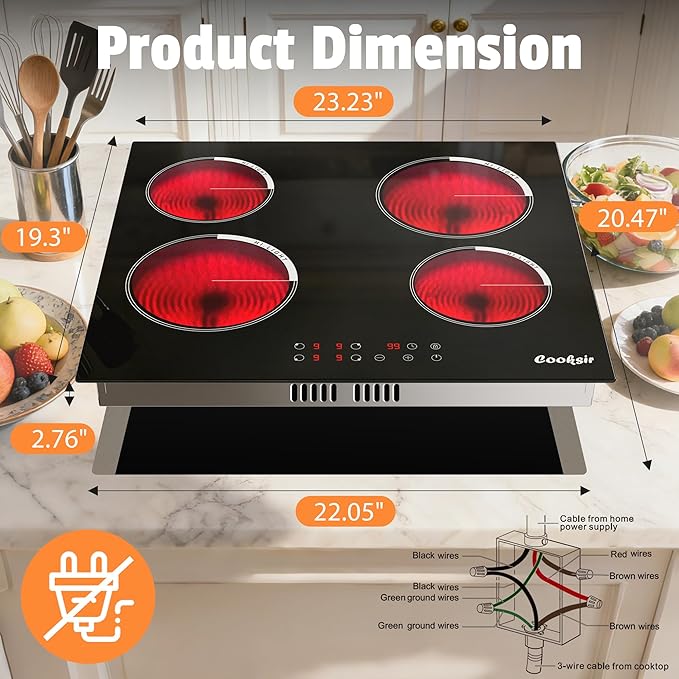 Electric Cooktop 24 Inch, 4 Burner Electric Stove Top Drop-in(22.05"x19.3") 220V-240V, 24 Inch large Ceramic Stovetop with Ceramic Glass, Timer, Kids Safety Lock, 220V Hard Wired (No Plug)