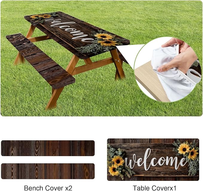FOREVER QUEEN Picnic Table Cover with Bench Covers 72in,Waterproof Windproof Fitted Tablecloth,Spring Sunflower Welcome Print Camping Essentials with Drawstring Bag for Patio,Park & Backyard