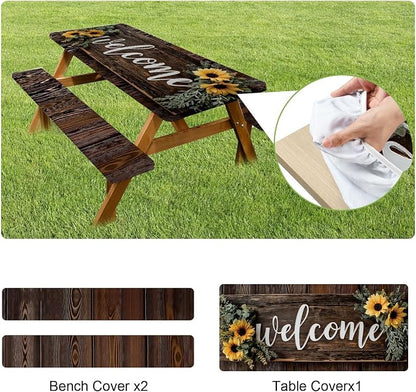 FOREVER QUEEN Picnic Table Cover with Bench Covers 72in,Waterproof Windproof Fitted Tablecloth,Spring Sunflower Welcome Print Camping Essentials with Drawstring Bag for Patio,Park & Backyard