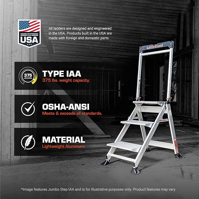 Little Giant Ladders, Jumbo Step, 2-Step, 2 foot, Step Stool, Aluminum, Type 1AA, 375 lbs weight rating, (11902), Silver