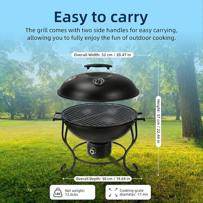 Portable Charcoal Grill with Built-In Thermometer, Adjustable Air Vent & Easy Cleanup, Portable BBQ Grill for Camping, Tailgating, Picnics and Small Backyard Cookouts, Easy-to-Carry Outdoor Grill