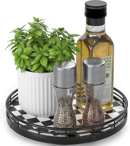 AMH 9-Inch Black and White Checkerboard Lazy Susan with Oak Base | Smooth rotating oak tray with walnut finish for dining tables, kitchen counters, pantries and cabinet storage.
