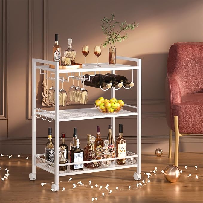 Joaxswe Bar Cart,3-Tier Home Bar Serving Cart with Lockable Wheels,White | Microwave Cart,Mobile Kitchen Shelf,Rolling Beverage Cart with Wine Rack and Glass Holder for Kitchen,Dinning Room