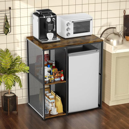KirKical 3-Tier Mini Fridge Cabinet Coffee Bar with Storage, Vintage Wood | Industrial Style Microwave Stand Baker Rack, Utility Storage Shelf with Mini Fridge Space for Home Kitchen Dorm