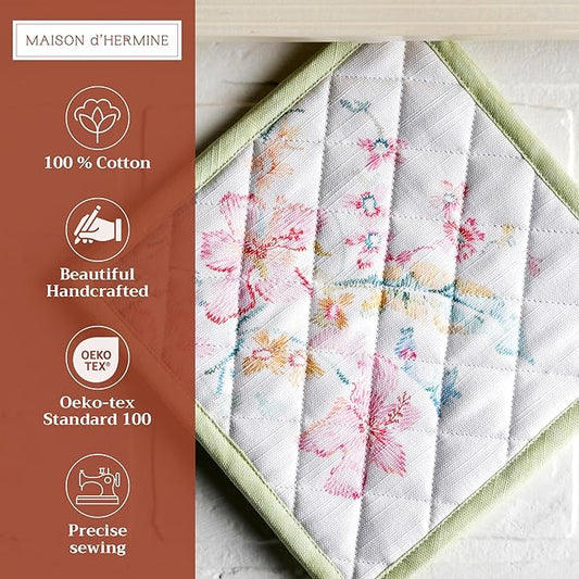 Maison d' Hermine Pot Holders 100% Cotton Heat Resistant Potholders 8" x 8" Hot Pads with Loop BBQ Cooking Baking Hotel Farmhouse Kitchen Handling Hot Pans Spring Summer(Pack of 1, Paradise Island)