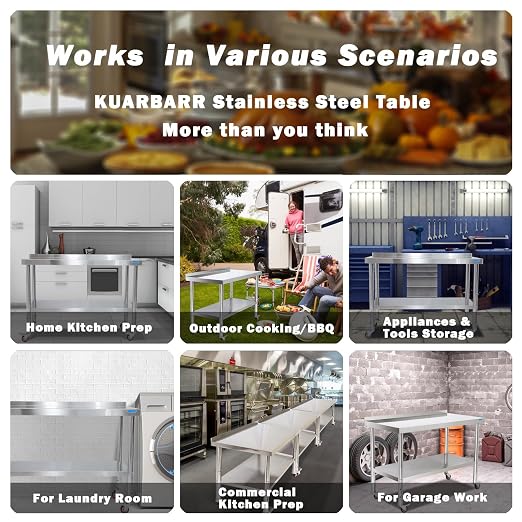 KUARBARR Stainless Steel Table for Prep & Work with Backsplash 24 x 30 Inches NSF Metal Commercial Kitchen Adjustable Under Shelf Worktable for Restaurant Home Outdoor