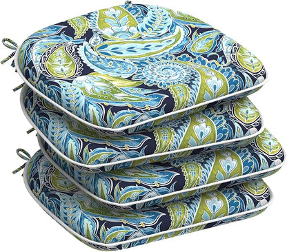 DYTXIII Set of 4 Outdoor Chair Cushions with Ties,Water Repellent Patio Chair Pads 17"x 16" for Outdoor Furniture,Round Corner Seat Cushions for Garden Yard Kitchen Paisley Lapis Green