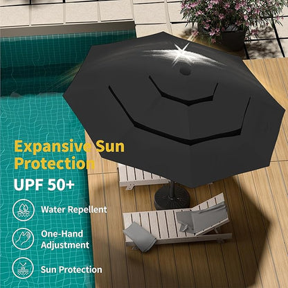 Kingdura 10ft 3-Tier Patio Umbrella with Solar Lights, Table Umbrella Outdoor Patio with Easy Crank & Tilt, 8 Sturdy Ribs, UV Protection, 32 LED Lights for Deck, Poolside, Market (Black)
