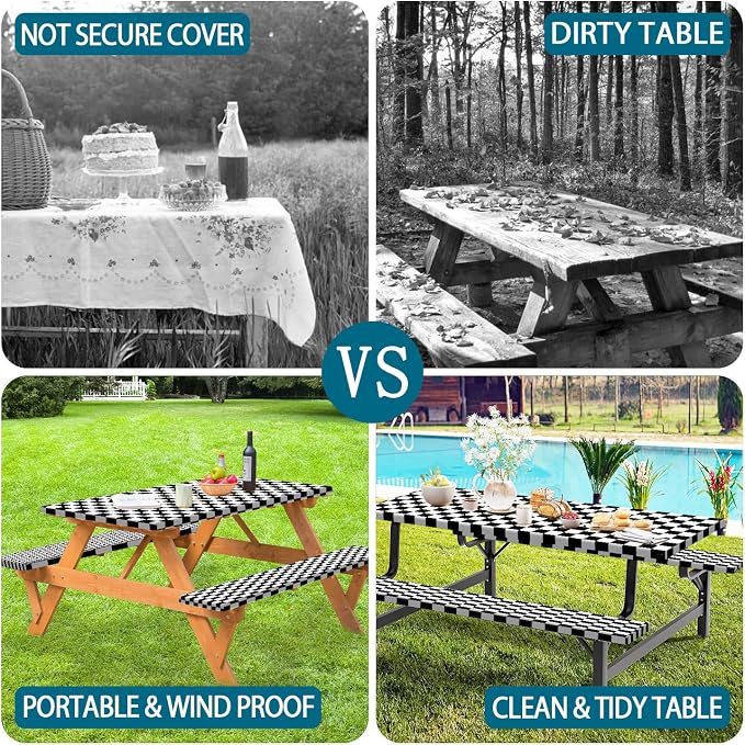 Picnic Table Cover with Bench Covers and Bag, Black and White Checkered Buffalo Plaid Camping Tablecloth Waterproof Windproof Elastic Edges Fitted Gingham Tablecloth for Outdoor Garden 3PCS 30x96 Inch