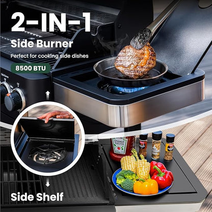 2 in 1 Propane Gas BBQ Grill with Side Burner & Porcelain-Enameled Cast Iron Grate, 4-Burner Flat Top Grill, 46,700 BTU Outdoor Barbecue Propane Griddle Grill Combo for Camping, Patio, Backyard