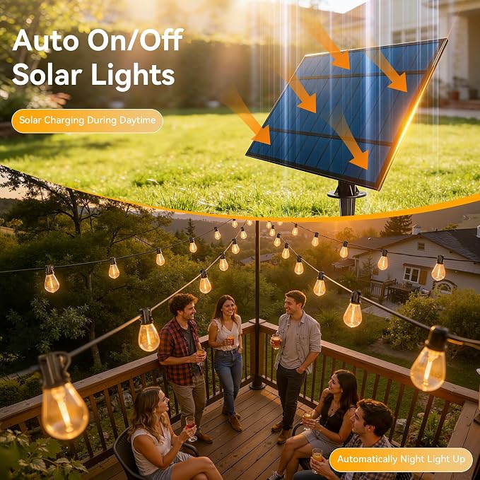 Ollny S11 50FT Solar String Lights Outdoor Waterproof Dimmable for Backyard | Patio Lights with Remote & Timer & 3 Lighting Modes, Shatterproof Edison Bulbs, String Lights for Outside Party Décor ﻿