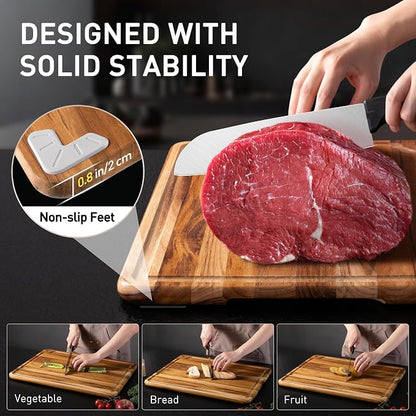 Extra Large Teak Cutting Board 20'' Kitchen Non Slip Wood Butcher Block | Wooden Chopping Board, Heavy Duty, Over Sink, Solid Thick, Meat, Easy to Clean, Extra Large, Best Kitchen Essential Gift