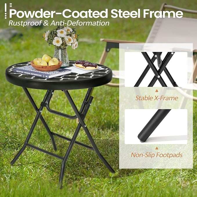 Foldable Side Table with Tempered Glass Top, 2 Pack Black & White | 18" Small Patio Side Tables Outdoor for Porch Yard Balcony Deck Lawn Garden