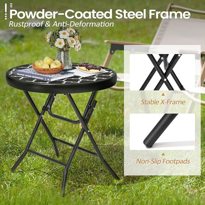 Foldable Side Table with Tempered Glass Top, 2 Pack Black & White | 18" Small Patio Side Tables Outdoor for Porch Yard Balcony Deck Lawn Garden